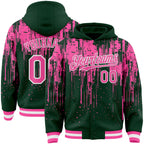 Custom Green Pink-White Dripping Splatter 3D Pattern Design Bomber Full-Snap Varsity Letterman Hoodie Jacket