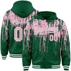 Custom Kelly Green Light Pink-White Dripping Splatter 3D Pattern Design Bomber Full-Snap Varsity Letterman Hoodie Jacket
