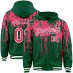 Custom Kelly Green Neon Pink-White Dripping Splatter 3D Pattern Design Bomber Full-Snap Varsity Letterman Hoodie Jacket