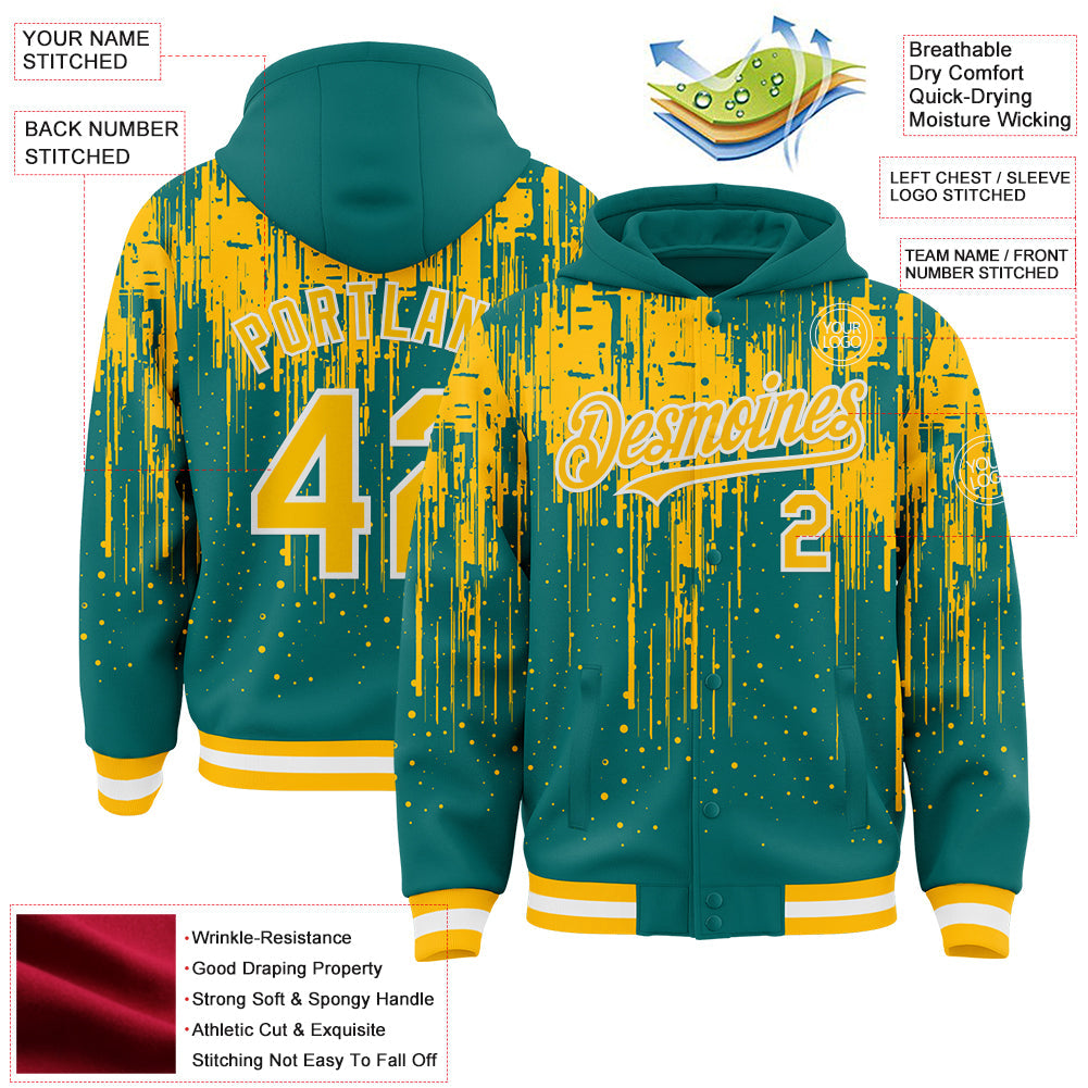 Custom Teal Gold-White Dripping Splatter 3D Pattern Design Bomber Full-Snap Varsity Letterman Hoodie Jacket