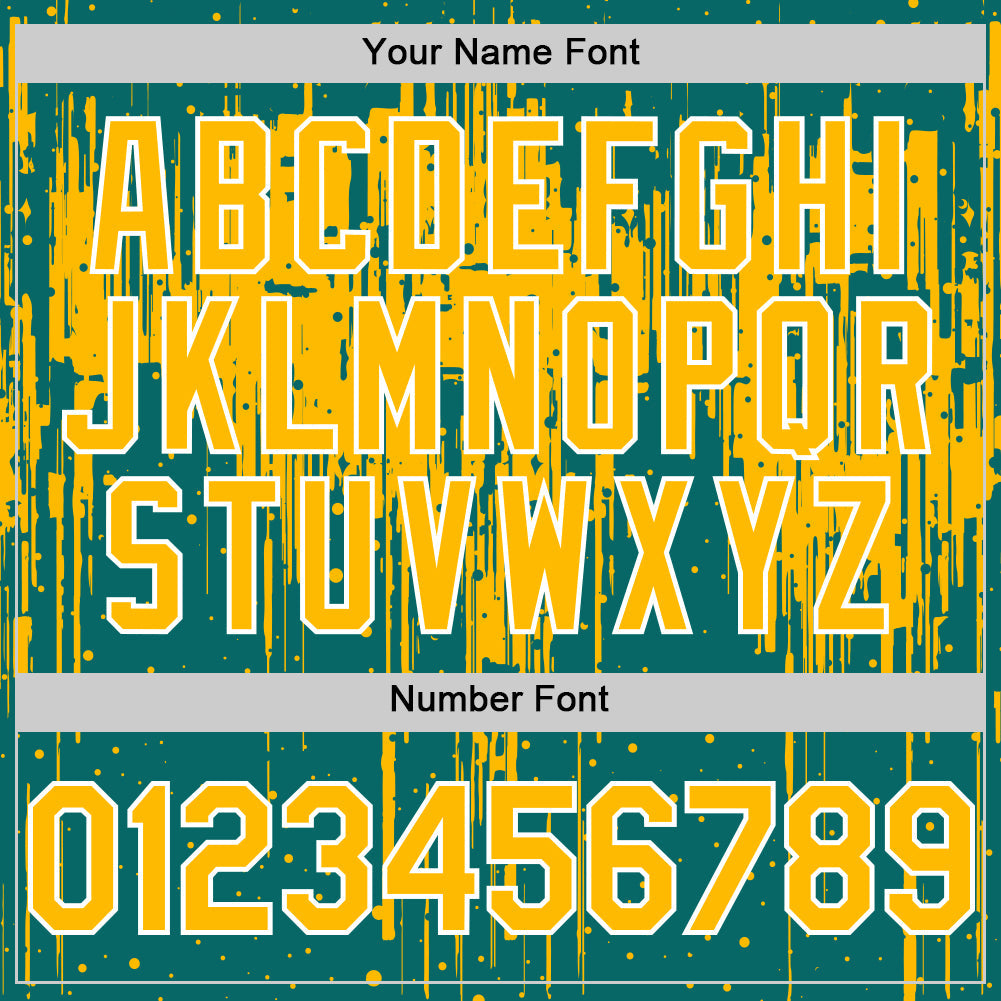 Custom Teal Gold-White Dripping Splatter 3D Pattern Design Bomber Full-Snap Varsity Letterman Hoodie Jacket