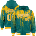 Custom Teal Gold-White Dripping Splatter 3D Pattern Design Bomber Full-Snap Varsity Letterman Hoodie Jacket