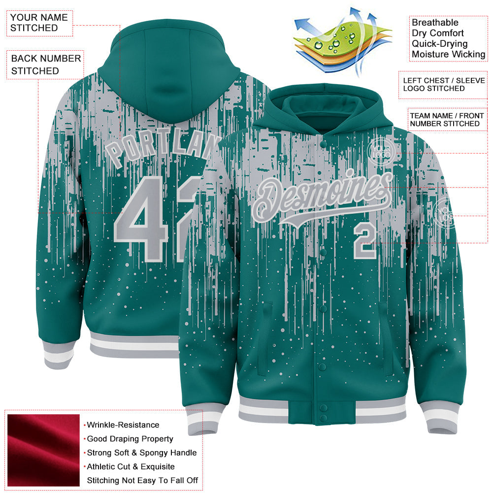 Custom Teal Gray-White Dripping Splatter 3D Pattern Design Bomber Full-Snap Varsity Letterman Hoodie Jacket