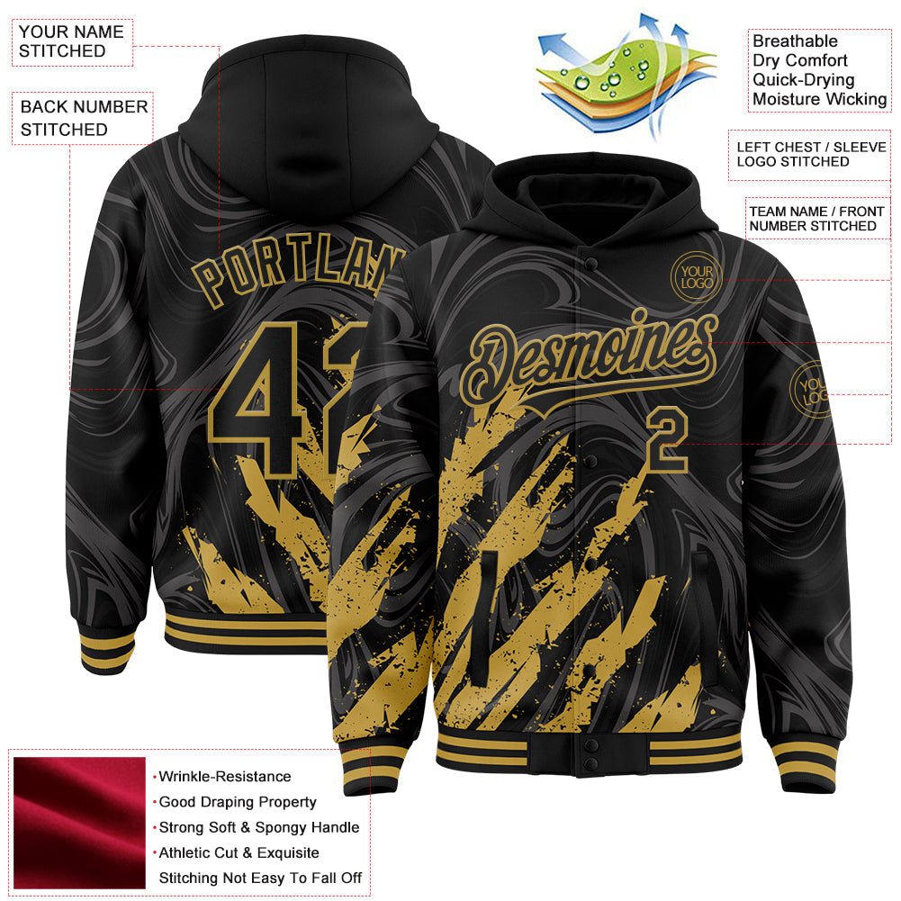 Custom Black Old Gold Splash 3D Pattern Design Bomber Full-Snap Varsity Letterman Hoodie Jacket