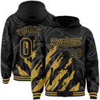 Custom Black Old Gold Splash 3D Pattern Design Bomber Full-Snap Varsity Letterman Hoodie Jacket