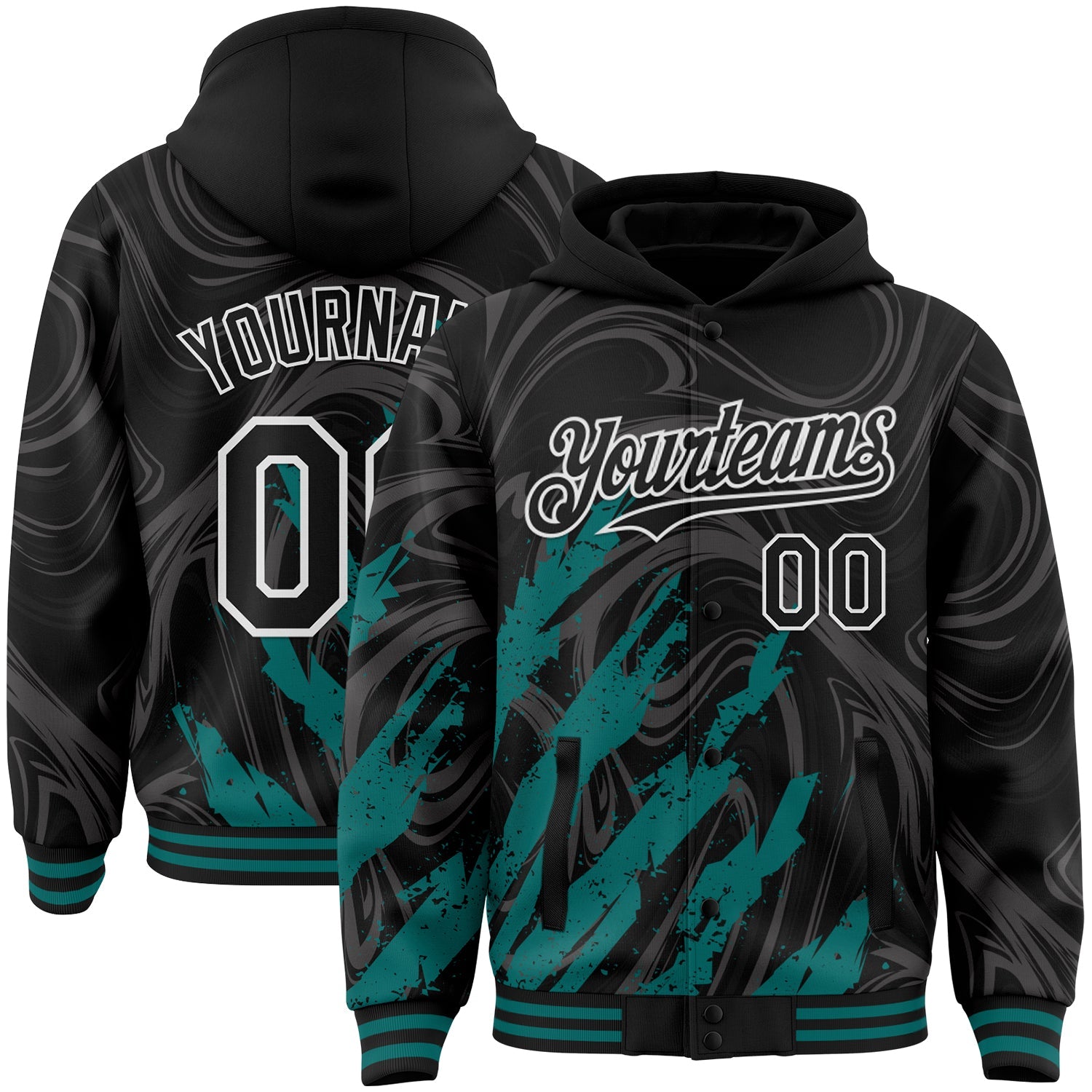 Custom Black Teal-White Splash 3D Pattern Design Bomber Full-Snap Varsity Letterman Hoodie Jacket