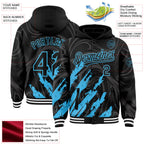 Custom Black Sky Blue-White Splash 3D Pattern Design Bomber Full-Snap Varsity Letterman Hoodie Jacket