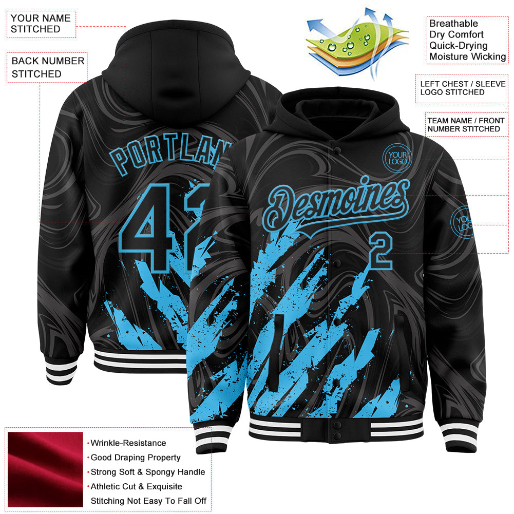 Custom Black Sky Blue-White Splash 3D Pattern Design Bomber Full-Snap Varsity Letterman Hoodie Jacket