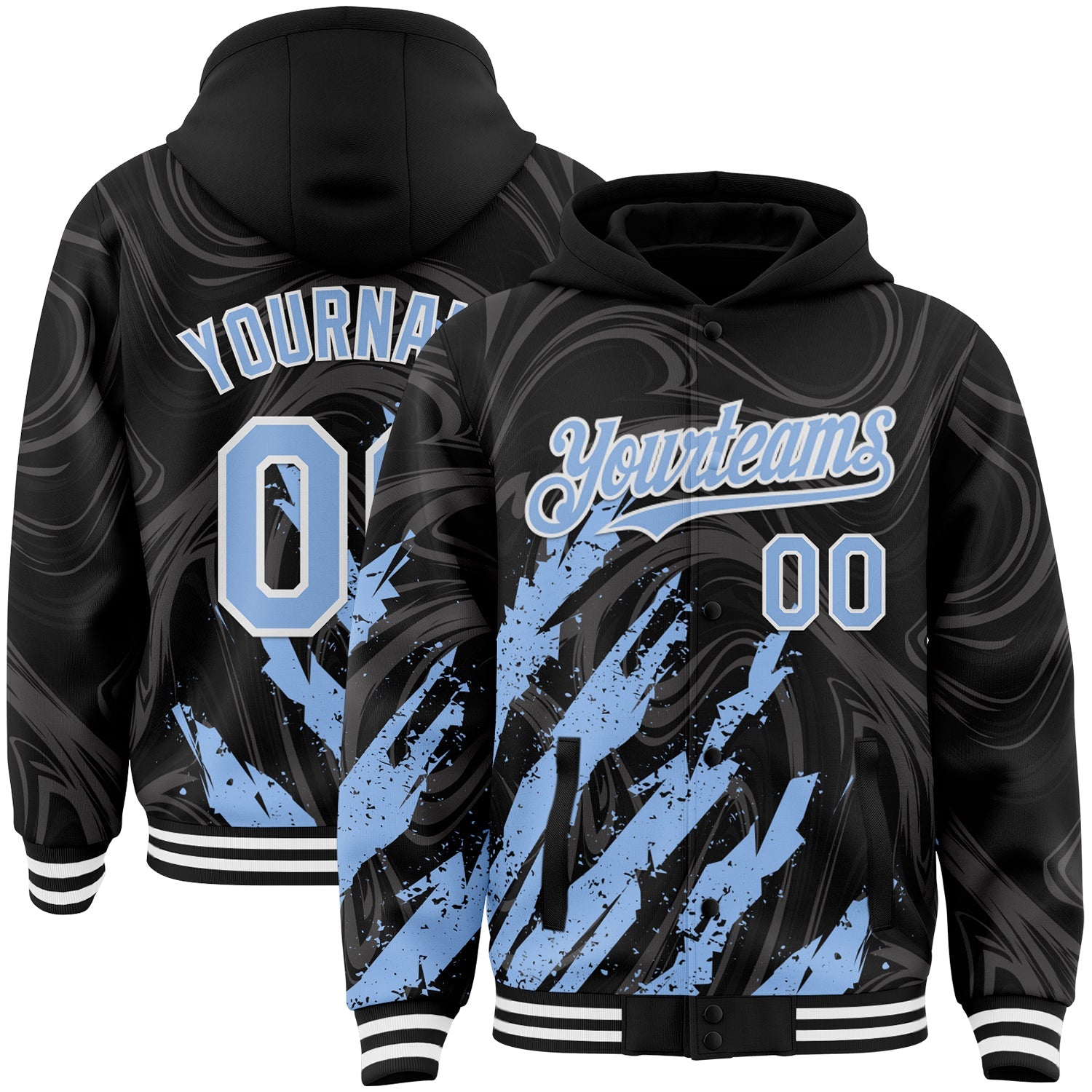 Custom Black Light Blue-White Splash 3D Pattern Design Bomber Full-Snap Varsity Letterman Hoodie Jacket