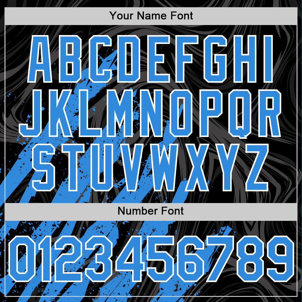 Custom Black Powder Blue-White Splash 3D Pattern Design Bomber Full-Snap Varsity Letterman Hoodie Jacket