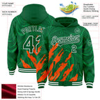 Custom Kelly Green Orange-White Splash 3D Pattern Design Bomber Full-Snap Varsity Letterman Hoodie Jacket