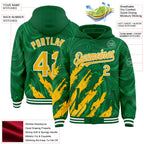 Custom Kelly Green Gold-White Splash 3D Pattern Design Bomber Full-Snap Varsity Letterman Hoodie Jacket