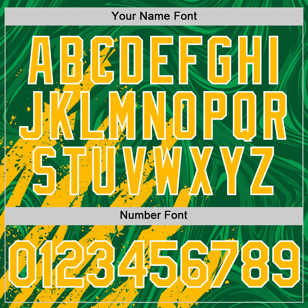 Custom Kelly Green Gold-White Splash 3D Pattern Design Bomber Full-Snap Varsity Letterman Hoodie Jacket