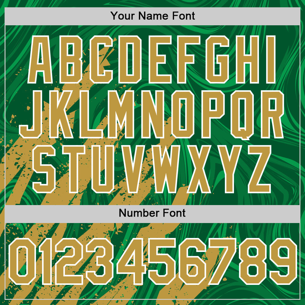 Custom Kelly Green Old Gold-White Splash 3D Pattern Design Bomber Full-Snap Varsity Letterman Hoodie Jacket