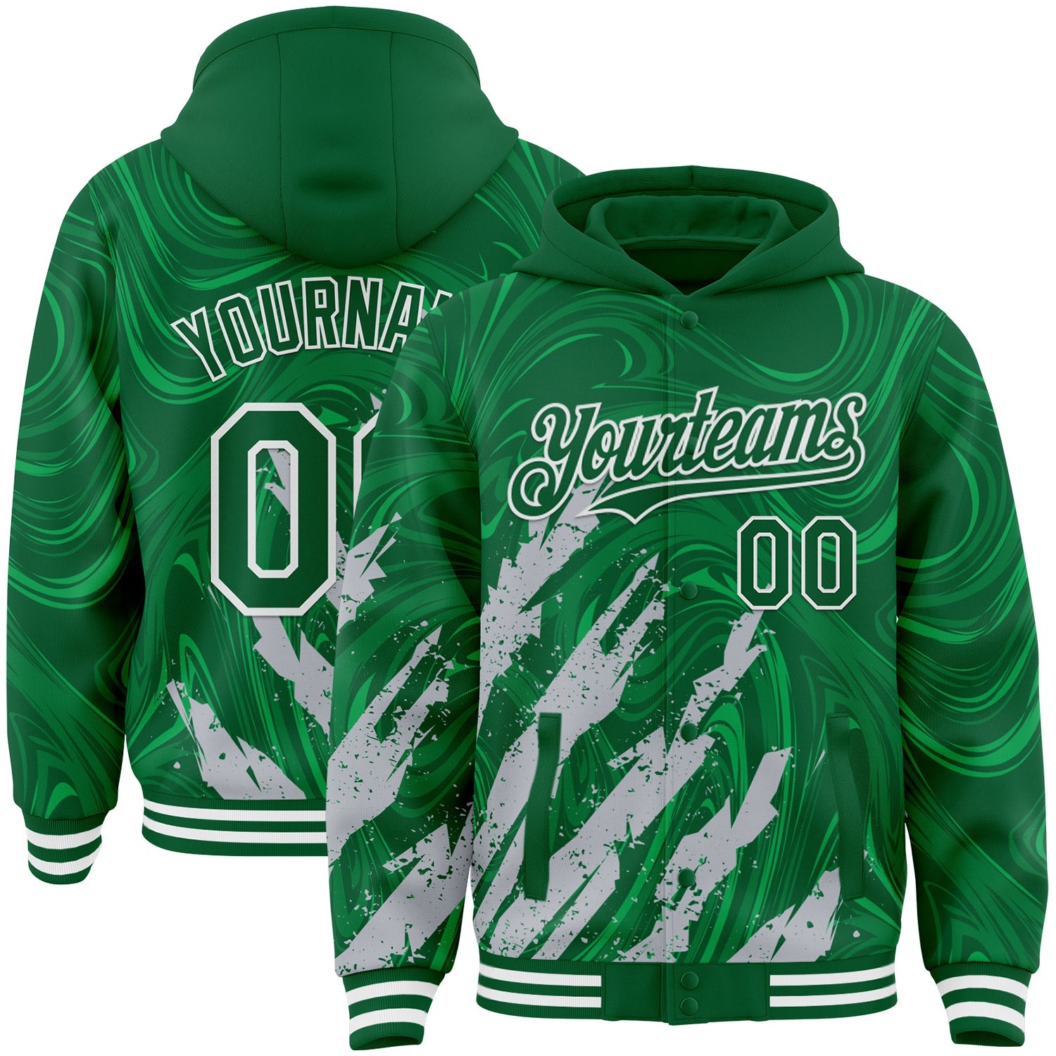 Custom Kelly Green Gray-White Splash 3D Pattern Design Bomber Full-Snap Varsity Letterman Hoodie Jacket
