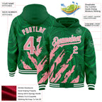 Custom Kelly Green Medium Pink-White Splash 3D Pattern Design Bomber Full-Snap Varsity Letterman Hoodie Jacket