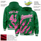 Custom Kelly Green Pink-White Splash 3D Pattern Design Bomber Full-Snap Varsity Letterman Hoodie Jacket