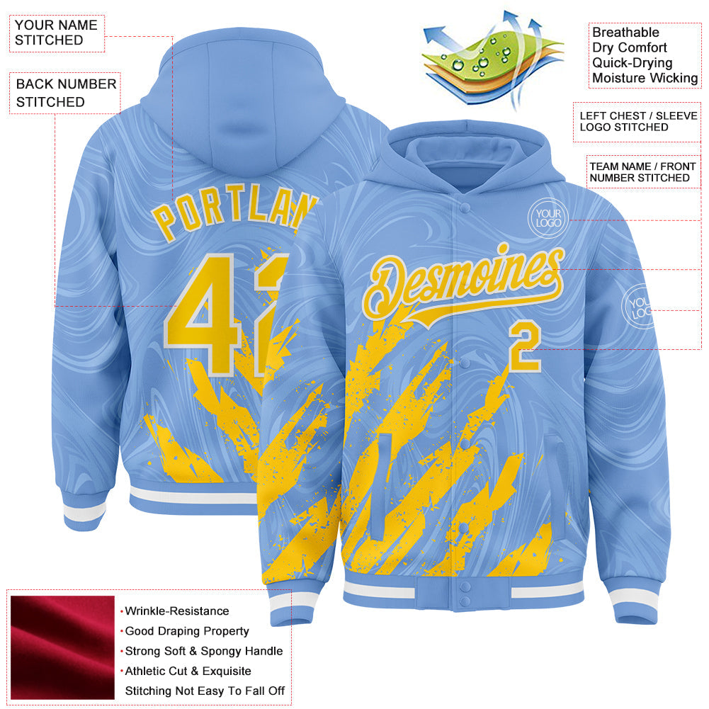 Custom Light Blue Yellow-White Splash 3D Pattern Design Bomber Full-Snap Varsity Letterman Hoodie Jacket