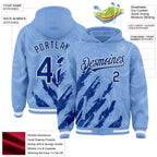 Custom Light Blue Royal-White Splash 3D Pattern Design Bomber Full-Snap Varsity Letterman Hoodie Jacket