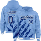 Custom Light Blue Royal-White Splash 3D Pattern Design Bomber Full-Snap Varsity Letterman Hoodie Jacket