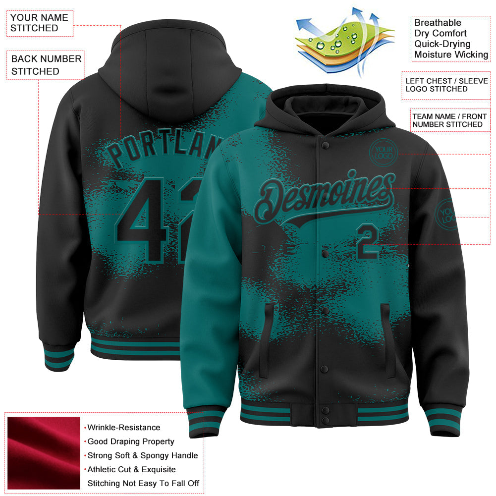 Custom Black Teal Abstract Color Blocks Fragment 3D Pattern Design Bomber Full-Snap Varsity Letterman Hoodie Jacket