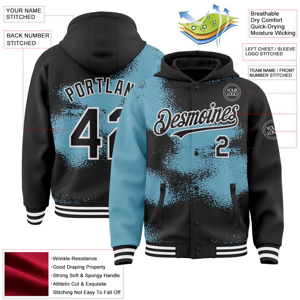 Custom Black Shadow Blue-White Abstract Color Blocks Fragment 3D Pattern Design Bomber Full-Snap Varsity Letterman Hoodie Jacket