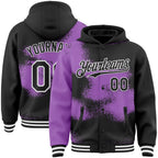Custom Black Medium Purple-White Abstract Color Blocks Fragment 3D Pattern Design Bomber Full-Snap Varsity Letterman Hoodie Jacket