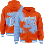 Custom Orange Light Blue-White Abstract Color Blocks Fragment 3D Pattern Design Bomber Full-Snap Varsity Letterman Hoodie Jacket
