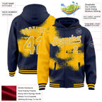 Custom Navy Gold-White Abstract Color Blocks Fragment 3D Pattern Design Bomber Full-Snap Varsity Letterman Hoodie Jacket