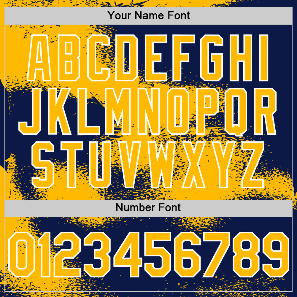 Custom Navy Gold-White Abstract Color Blocks Fragment 3D Pattern Design Bomber Full-Snap Varsity Letterman Hoodie Jacket