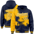 Custom Navy Gold-White Abstract Color Blocks Fragment 3D Pattern Design Bomber Full-Snap Varsity Letterman Hoodie Jacket