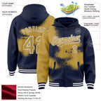 Custom Navy Old Gold-White Abstract Color Blocks Fragment 3D Pattern Design Bomber Full-Snap Varsity Letterman Hoodie Jacket