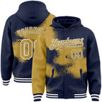 Custom Navy Old Gold-White Abstract Color Blocks Fragment 3D Pattern Design Bomber Full-Snap Varsity Letterman Hoodie Jacket