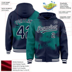 Custom Navy Teal-White Abstract Color Blocks Fragment 3D Pattern Design Bomber Full-Snap Varsity Letterman Hoodie Jacket