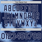 Custom Navy Light Blue-White Abstract Color Blocks Fragment 3D Pattern Design Bomber Full-Snap Varsity Letterman Hoodie Jacket