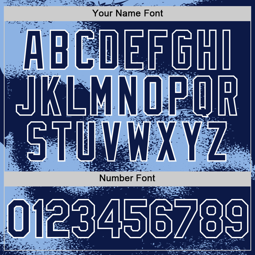 Custom Navy Light Blue-White Abstract Color Blocks Fragment 3D Pattern Design Bomber Full-Snap Varsity Letterman Hoodie Jacket