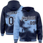 Custom Navy Light Blue-White Abstract Color Blocks Fragment 3D Pattern Design Bomber Full-Snap Varsity Letterman Hoodie Jacket