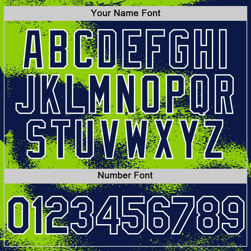 Custom Navy Neon Green-White Abstract Color Blocks Fragment 3D Pattern Design Bomber Full-Snap Varsity Letterman Hoodie Jacket