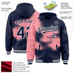 Custom Navy Medium Pink-White Abstract Color Blocks Fragment 3D Pattern Design Bomber Full-Snap Varsity Letterman Hoodie Jacket