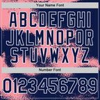 Custom Navy Medium Pink-White Abstract Color Blocks Fragment 3D Pattern Design Bomber Full-Snap Varsity Letterman Hoodie Jacket