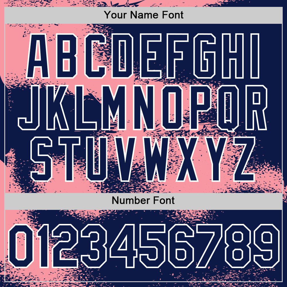 Custom Navy Medium Pink-White Abstract Color Blocks Fragment 3D Pattern Design Bomber Full-Snap Varsity Letterman Hoodie Jacket