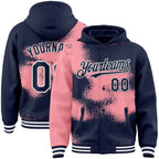 Custom Navy Medium Pink-White Abstract Color Blocks Fragment 3D Pattern Design Bomber Full-Snap Varsity Letterman Hoodie Jacket