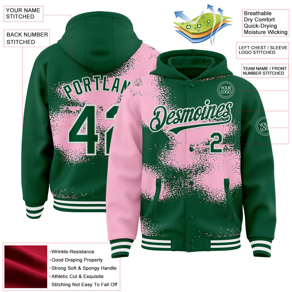 Custom Kelly Green Light Pink-White Abstract Color Blocks Fragment 3D Pattern Design Bomber Full-Snap Varsity Letterman Hoodie Jacket