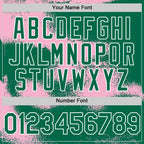 Custom Kelly Green Light Pink-White Abstract Color Blocks Fragment 3D Pattern Design Bomber Full-Snap Varsity Letterman Hoodie Jacket