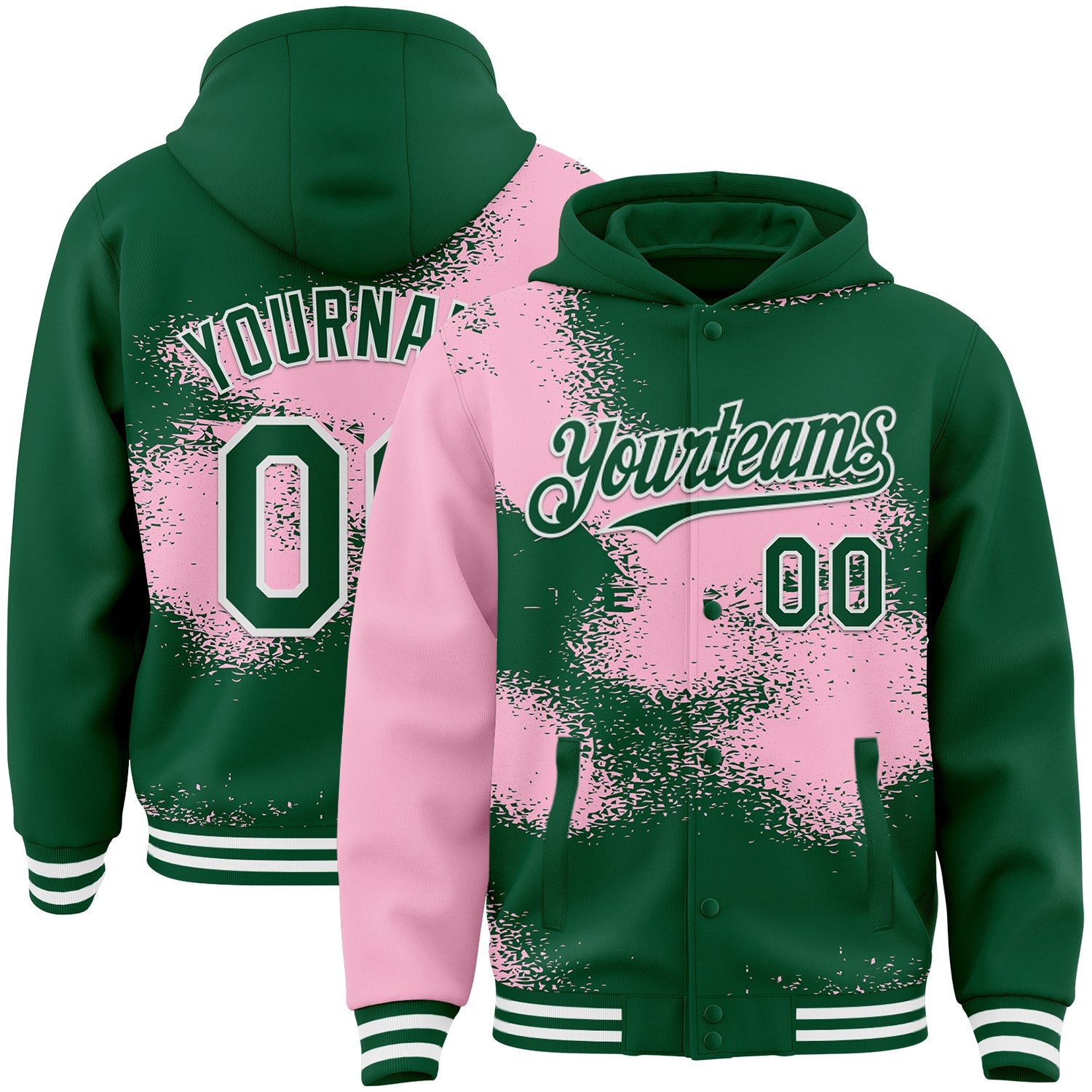 Custom Kelly Green Light Pink-White Abstract Color Blocks Fragment 3D Pattern Design Bomber Full-Snap Varsity Letterman Hoodie Jacket