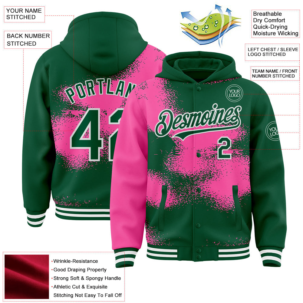 Custom Kelly Green Pink-White Abstract Color Blocks Fragment 3D Pattern Design Bomber Full-Snap Varsity Letterman Hoodie Jacket