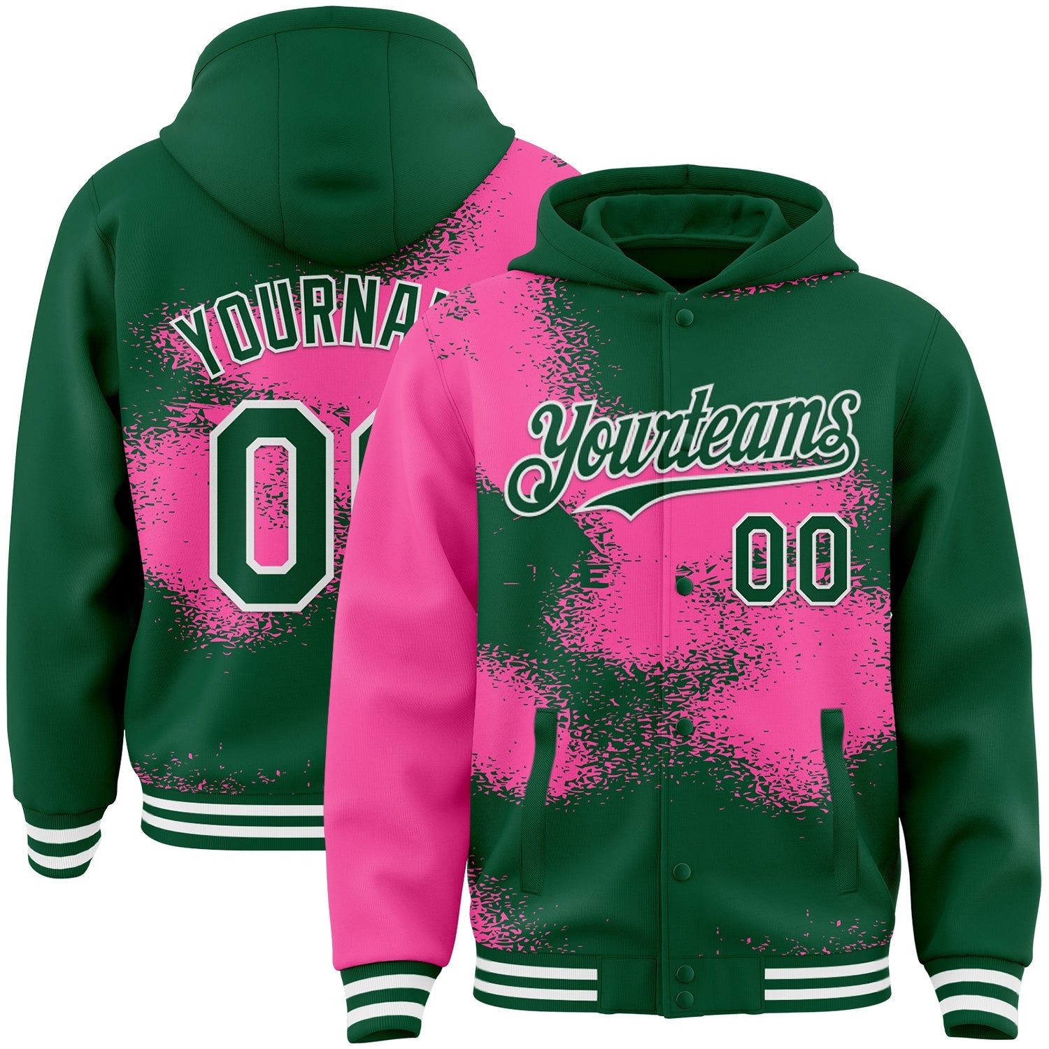 Custom Kelly Green Pink-White Abstract Color Blocks Fragment 3D Pattern Design Bomber Full-Snap Varsity Letterman Hoodie Jacket