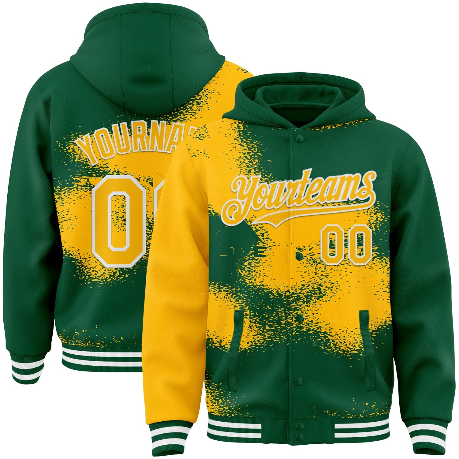 Custom Kelly Green Gold-White Abstract Color Blocks Fragment 3D Pattern Design Bomber Full-Snap Varsity Letterman Hoodie Jacket