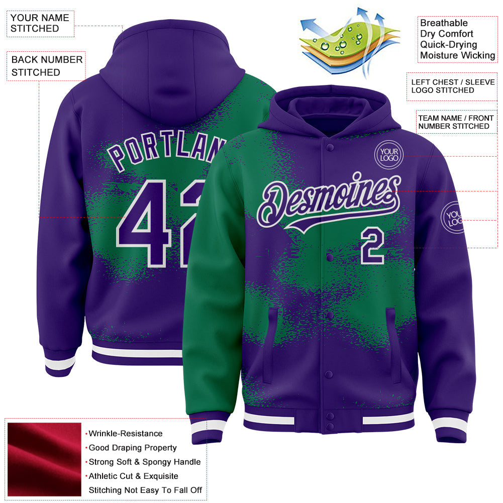 Custom Purple Kelly Green-White Abstract Color Blocks Fragment 3D Pattern Design Bomber Full-Snap Varsity Letterman Hoodie Jacket