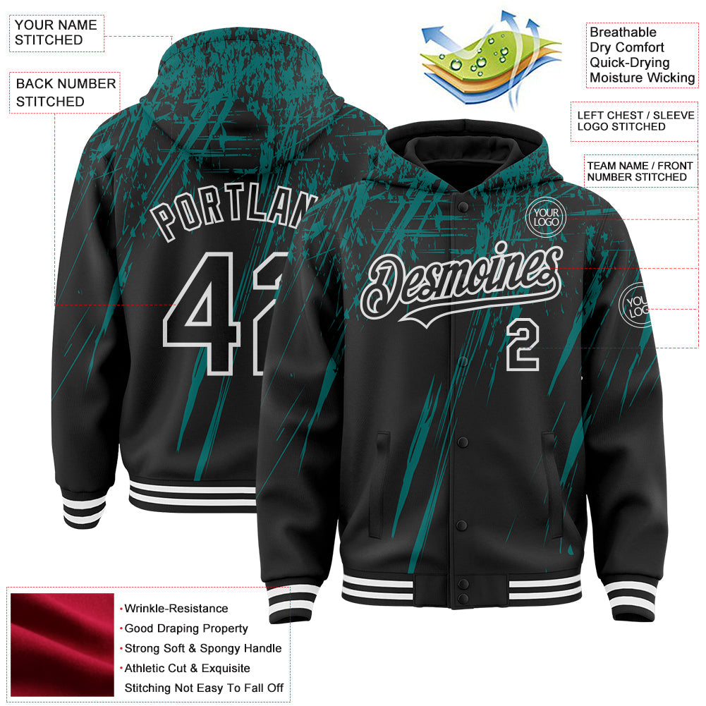 Custom Black Teal-White Splash 3D Pattern Design Bomber Full-Snap Varsity Letterman Hoodie Jacket